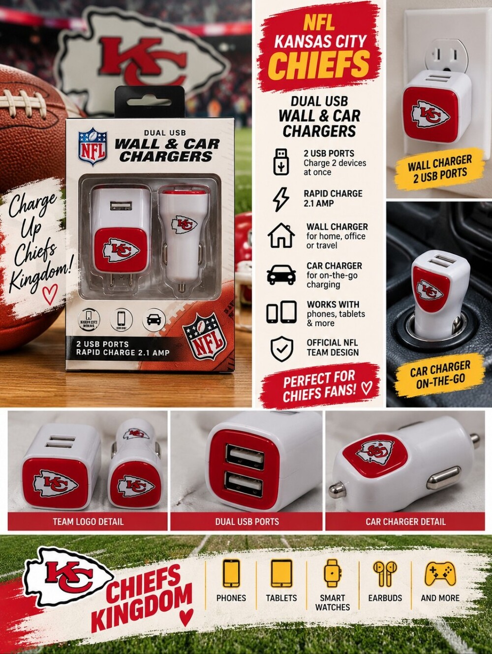 New NFL Kansas city chief USB rapid charge phone chargers #35